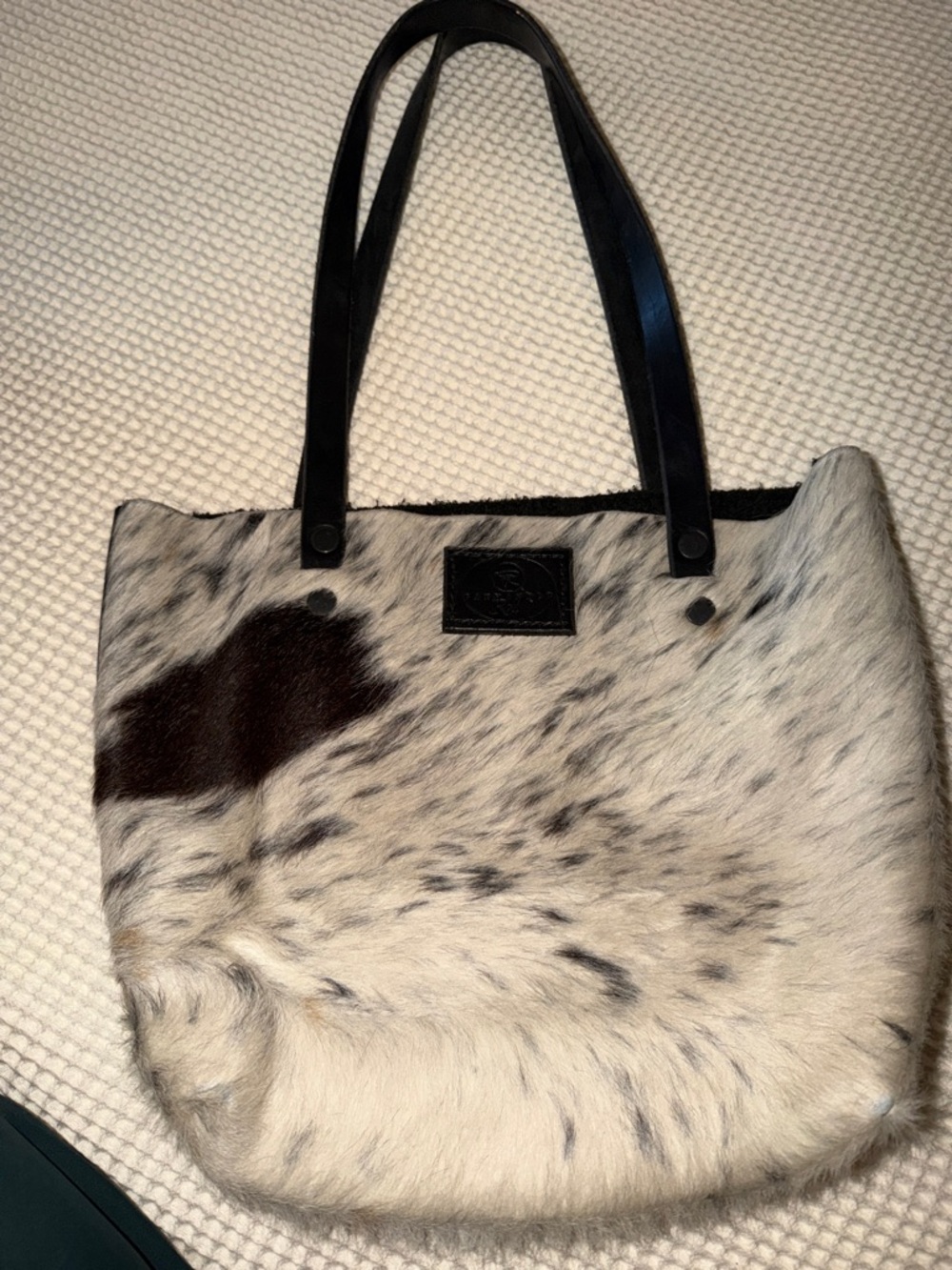 Speckled White and Brown Fur Tote with Black Handles